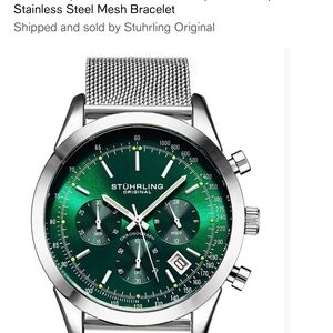 Stuhrling Mens Green Dial 44mm Stainless Steel Bracelet Chronograph Watch New